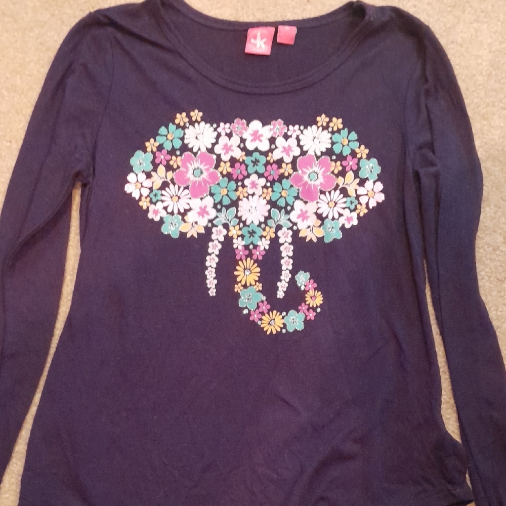 J Khaki Girls Purple Long-Sleeve Tee with Floral Elephant Motif Size XL